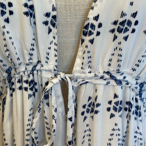 Hommage White Blue Print Maxi Dress V Neck Tie Waist Sleeveless Resortwear - Picture 8 of 14